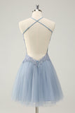 Sparkly Dusty Blue A Line Halter Homecoming Dress med Appliques