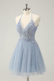 Sparkly Dusty Blue A Line Halter Homecoming Dress med Appliques