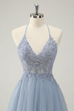 Sparkly Dusty Blue A Line Halter Homecoming Dress med Appliques