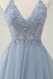 Sparkly Dusty Blue A Line Halter Homecoming Dress med Appliques