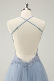 Sparkly Dusty Blue A Line Halter Homecoming Dress med Appliques