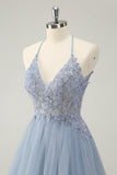 Sparkly Dusty Blue A Line Halter Homecoming Dress med Appliques