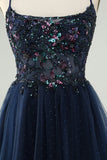 Glitter Navy A-Line Sequined Tylle Homecoming kjole