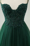 Glitter Mørkegrønn A-Line Beaded Appliques Tylle Homecoming Dress