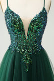 Glitter Mørkegrønn A-Line Sequined Appliques V Neck Homecoming Dress