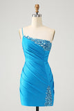 Blue Bodycon One Shoulder Ruched Satin Homecoming Dress med paljetter