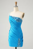 Blue Bodycon One Shoulder Ruched Satin Homecoming Dress med paljetter