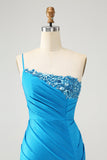 Blue Bodycon One Shoulder Ruched Satin Homecoming Dress med paljetter