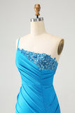 Blue Bodycon One Shoulder Ruched Satin Homecoming Dress med paljetter