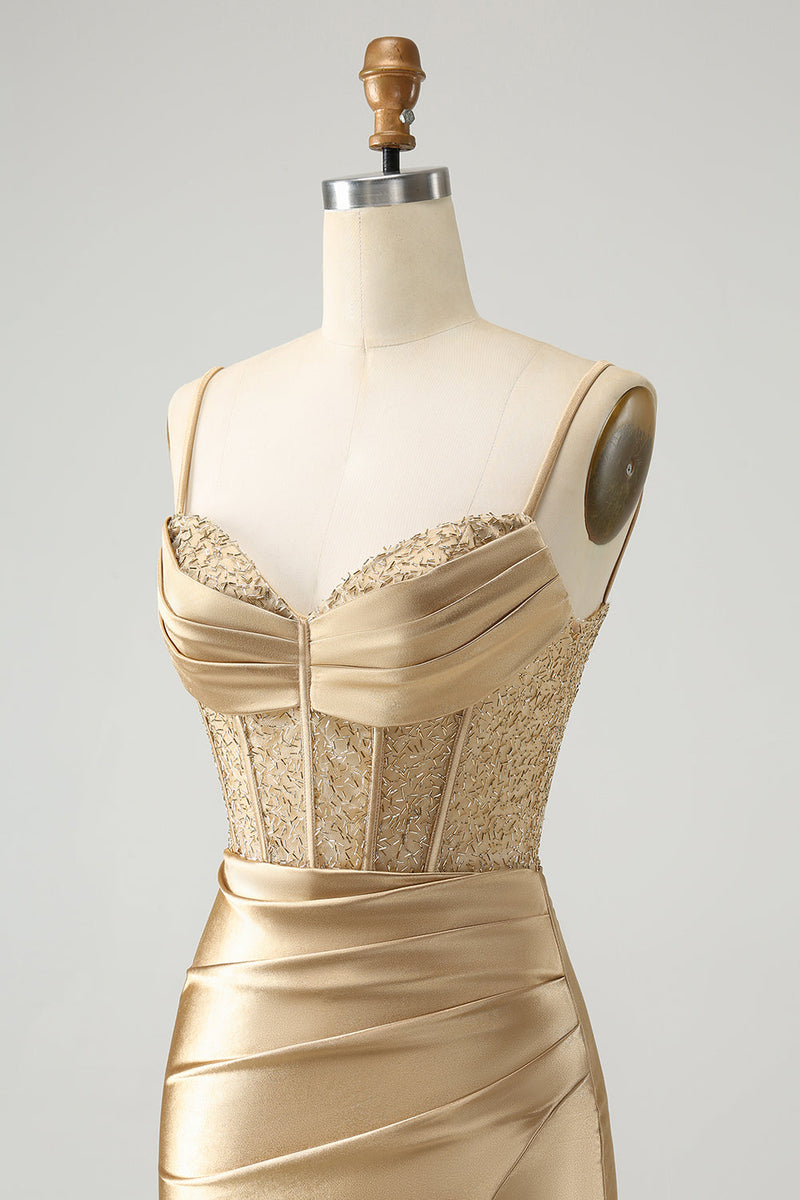 Load image into Gallery viewer, Golden Spaghetti stropper Bodycon Korsett Satin Homecoming kjole med Slit