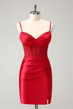 Stilig Red Bodycon Spaghetti stropper Korsett Satin Homecoming kjole med Slit