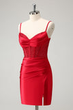 Stilig Red Bodycon Spaghetti stropper Korsett Satin Homecoming kjole med Slit