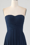 Navy A Line Sweetheart plissert Long brudepike kjole