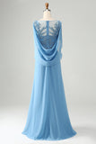 Saprkly Blue Mermaid Beaded Appliques Mother of Bride Kjole med sjal