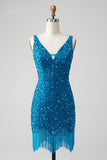 Sparkly Sage Bodycon V Neck Sequin Kort Homecoming kjole med dusk