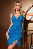 Sparkly Dark Blue Bodycon V Neck Sequin Short Homecoming Dress med dusk