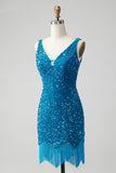 Sparkly Dark Blue Bodycon V Neck Sequin Short Homecoming Dress med dusk