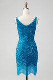 Sparkly Sage Bodycon V Neck Sequin Kort Homecoming kjole med dusk