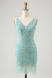 Sparkly Sage Bodycon V Neck Sequin Kort Homecoming kjole med dusk