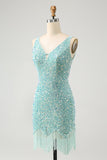 Sparkly Sage Bodycon V Neck Sequin Kort Homecoming kjole med dusk