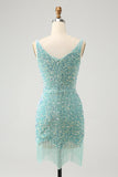 Sparkly Sage Bodycon V Neck Sequin Kort Homecoming kjole med dusk