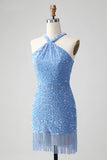 Sparkly Royal Blue Bodycon Halter Sequin Kort Homecoming kjole med dusk