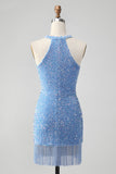 Sparkly Royal Blue Bodycon Halter Sequin Kort Homecoming kjole med dusk