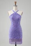 Sparkly Royal Blue Bodycon Halter Sequin Kort Homecoming kjole med dusk