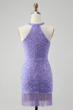 Sparkly Lilac Bodycon Halter Tassel Kort Homecoming kjole med paljetter