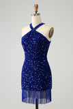 Sparkly Royal Blue Bodycon Halter Sequin Kort Homecoming kjole med dusk