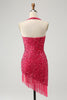 Load image into Gallery viewer, Glitrende Fuchsia paljetter Halter Short Bodycon Homecoming kjole med dusker