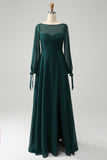 A Line Dark Green Bateau Neck Chiffon brudepike kjole med Slit