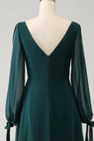 A Line Dark Green Bateau Neck Chiffon brudepike kjole med Slit