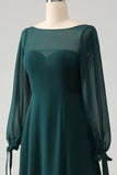 A Line Dark Green Bateau Neck Chiffon brudepike kjole med Slit