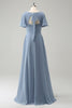 Load image into Gallery viewer, Grå blå V-hals Puff Chiffon Long brudepike kjole med hul ut tilbake