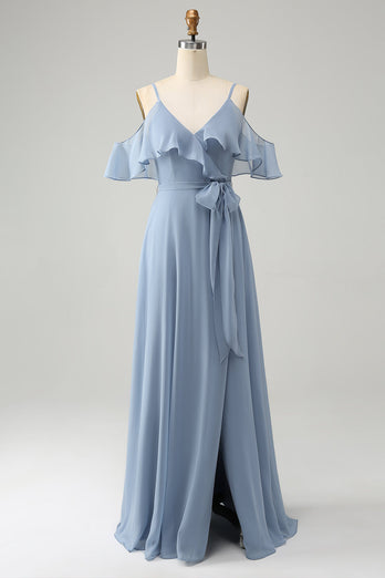 Grå blå Spaghetti stropper V-hals Chiffon brudepike kjole med Slit