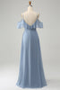 Load image into Gallery viewer, Grå blå Spaghetti stropper V-hals Chiffon brudepike kjole med Slit