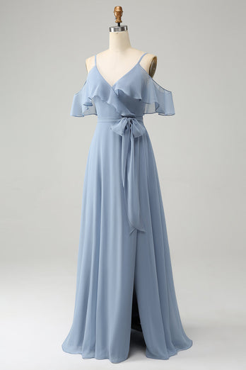 Grå blå Spaghetti stropper V-hals Chiffon brudepike kjole med Slit