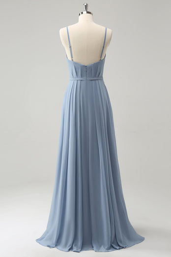 Grå blå Chiffon korsett A Line Spaghetti stropper plissert Long brudepike kjole