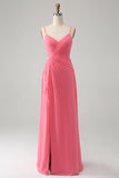 Coral A Line V Neck Spaghetti stropper Chiffon Long brudepike kjole med spalt