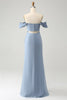 Load image into Gallery viewer, Gråblå havfrue av skulderen Chiffon Lang brudepikekjole med spalte