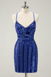 Sparkly Royal Blue Tight Sequined Spaghetti stropper Homecoming Dress