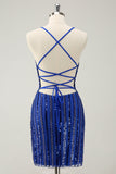 Sparkly Royal Blue Tight Sequined Spaghetti stropper Homecoming Dress