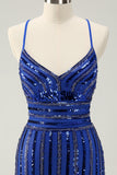 Sparkly Royal Blue Tight Sequined Spaghetti stropper Homecoming Dress