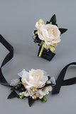 Luksus svart hvit Homecoming Wrist Corsage og Boutonniere sett for menn