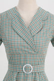 Green Grid A Line Lapel Vintage 1950-tallet kjole med korte ermer