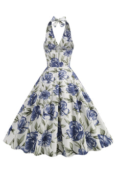 Halter White Blue A Line Floral Trykt 1950-tallet kjole