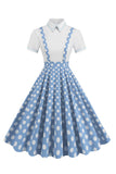 Blå Peter Pan krage Polka prikker stropper Overall Vintage kjole