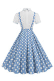 Blå Peter Pan krage Polka prikker stropper Overall Vintage kjole