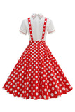 Blå Peter Pan krage Polka prikker stropper Overall Vintage kjole